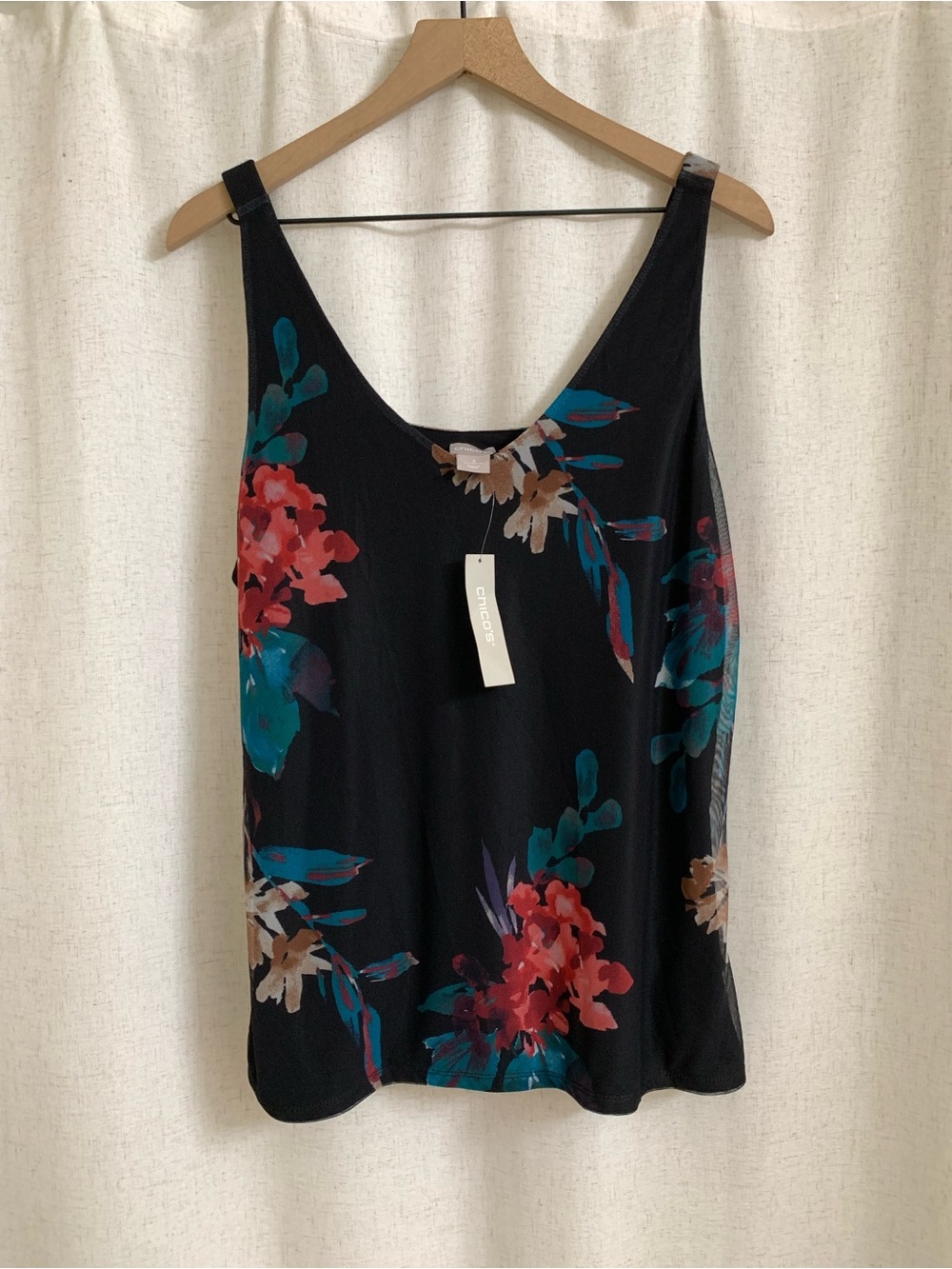 Chico's Knit Mesh Black Floral V-Neck Camisole with Teal Coral Accents size XL